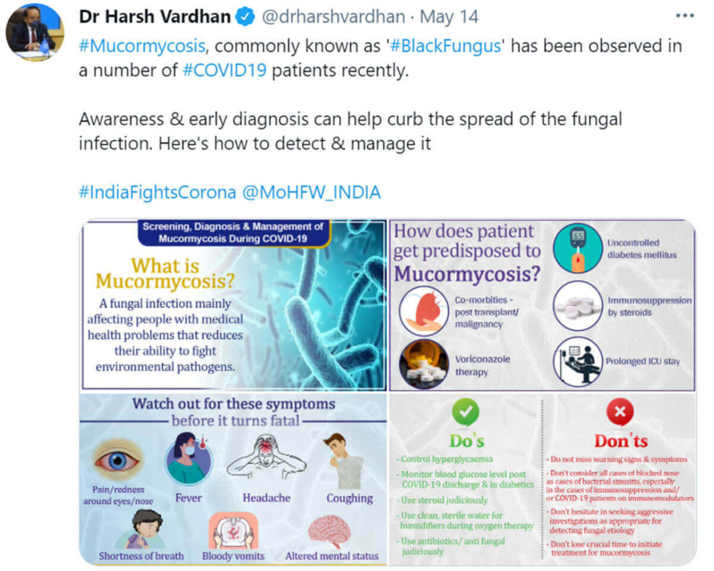 Dr Harsh Vardhan Twitter post on Black Fungus